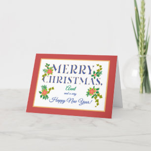 For Aunt, Poinsettias, Holly, Ivy Christmas Card