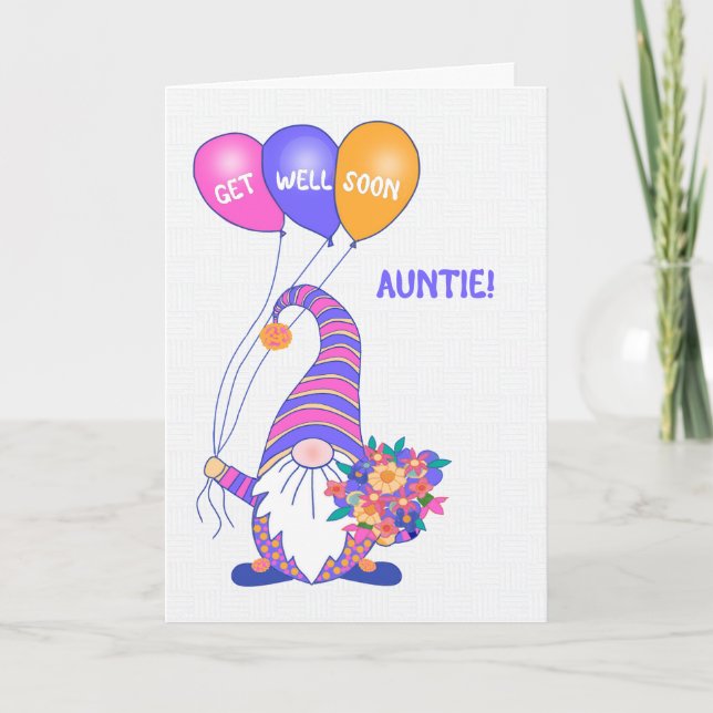 For Auntie Get Well Gnome Balloons Flowers Card (Front)