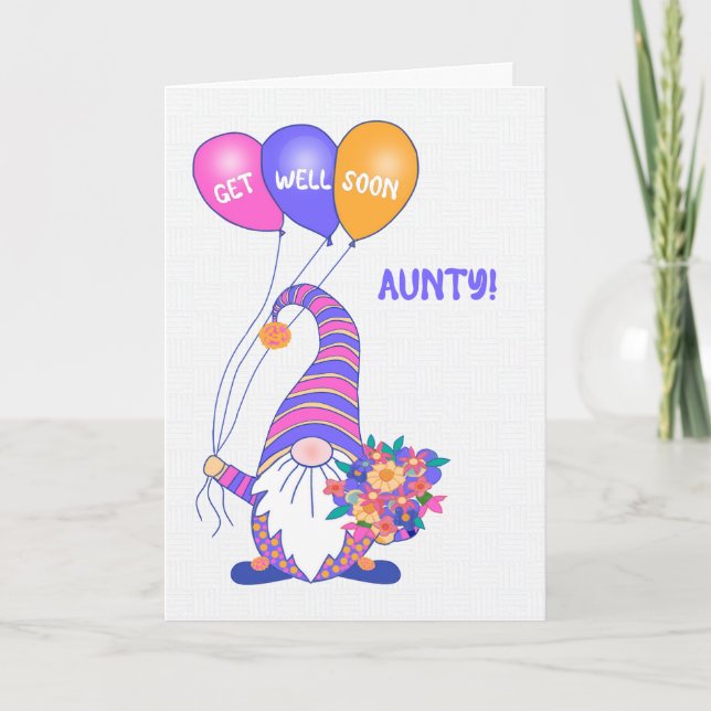 For Aunty Get Well Gnome Balloons Flowers Card (Front)