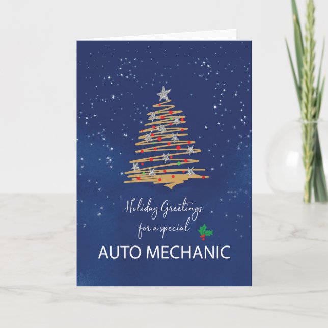 For Auto Mechanic Christmas Tree on Navy Card (Front)