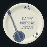 For Banjo Players Navy Blue Personalised Party Paper Plate<br><div class="desc">Throw the perfect party for your favourite banjo player or bluegrass music fan with these custom paper plates. They feature an illustration of a banjo in navy blue set against a cream coloured background and are ready to be personalised with your information.</div>