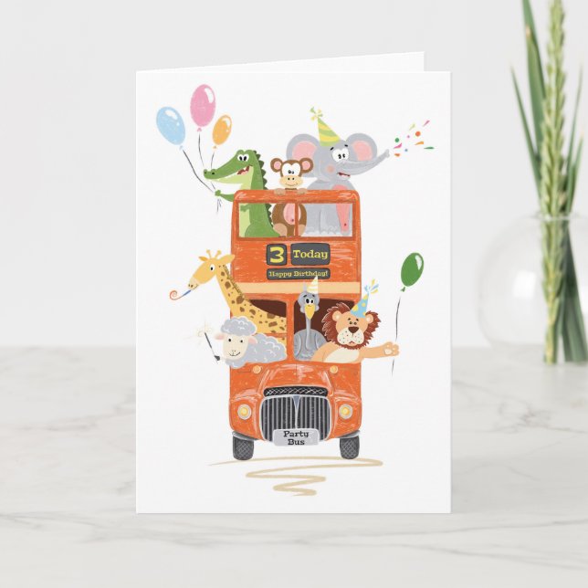 For Boy or Girl Cute Animal Party Bus 3rd Birthday Card (Front)