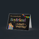 For Boyfriend Chic Candles, Bunting Birthday Card<br><div class="desc">A bright and colourful Birthday card for a Boyfriend,  with Birthday Cake Candles,  Bunting and Stars and the word,  'Boyfriend' in patterned lettering,  outlined in gold-effect (not metallic ink) and Happy Birthday,  also in gold-effect,  all on a black background. A digital design by Judy Adamson.</div>
