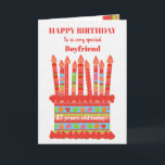 For Boyfriend Custom Age Birthday Cake Card<br><div class="desc">You can add the age to this brightly coloured birthday card for your boyfriend, with a strawberry birthday cake. The cake has lots of candles with different patterns and there is a patterned band around the cake with colourful summer fruits - strawberries, raspberries, limes and orange slices. Above the cake,...</div>