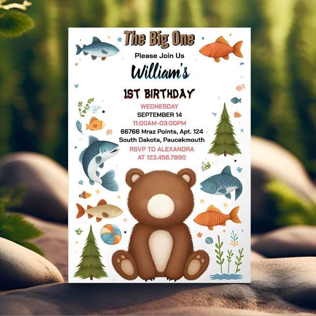 For Brown Fun Fish Boy Cute Baby Bear 1st Birthday Invitation (Creator Uploaded)