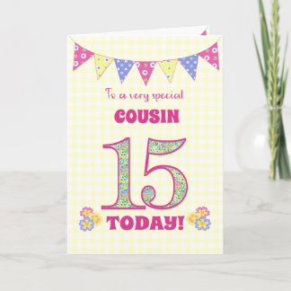 For Cousin 15th Birthday Primroses Bunting Card