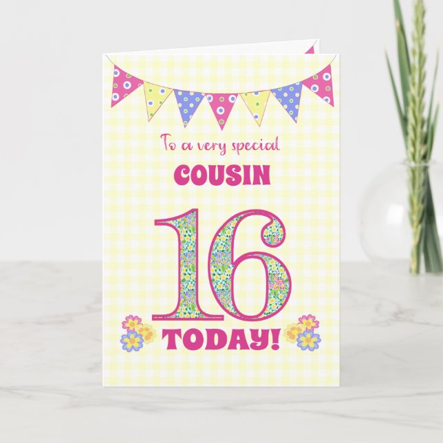 For Cousin 16th Birthday Primroses Bunting Card (Front)