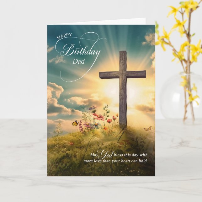 For Dad Christian Birthday Cross on Hill Card (Yellow Flower)