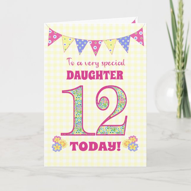 For Daughter 12th Birthday Primroses Bunting Card (Front)