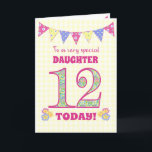 For Daughter 12th Birthday Primroses Bunting Card<br><div class="desc">A pretty 12th Birthday card for your daughter, with polka dot bunting, primrose flowers and numbers filled with a primrose pattern, all on a pale yellow check gingham background. The front cover message is, 'To a very special DAUGHTER 12 TODAY!' The inside message is just a suggestion and you can...</div>