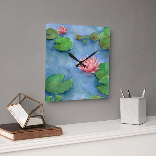 Fôr de Lotus Aguarela Square Wall Clock (Office)