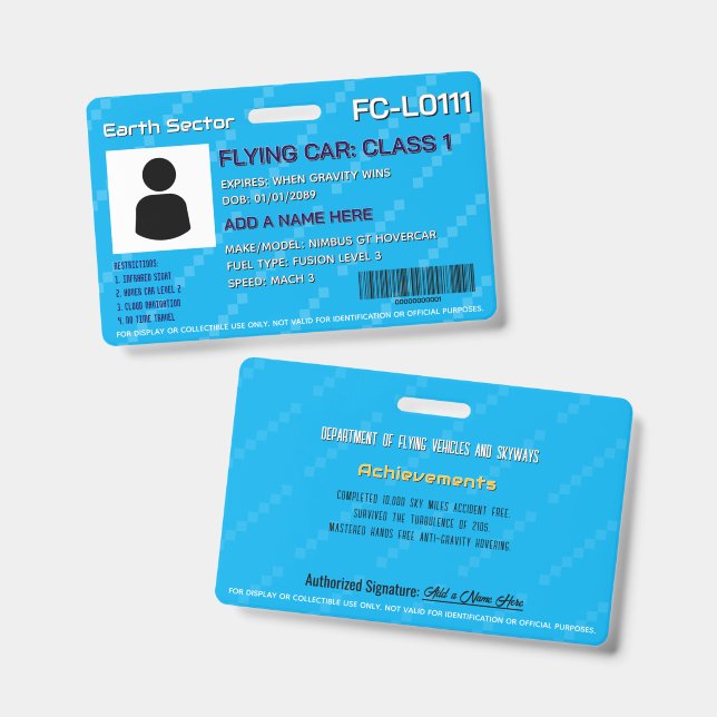 For Display Only Flying Car License Badge ID Badge (Front & Back)