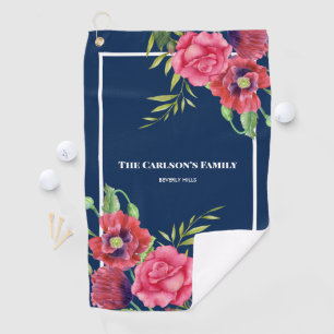 For Family Modern Red Pink Flowers on Dark Navy Golf Towel