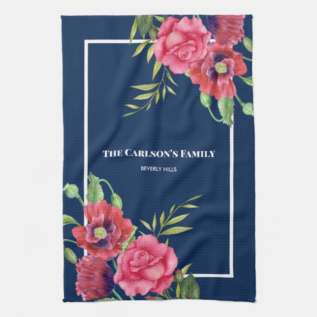 For Family Modern Red Pink Flowers on Dark Navy Tea Towel (Vertical)