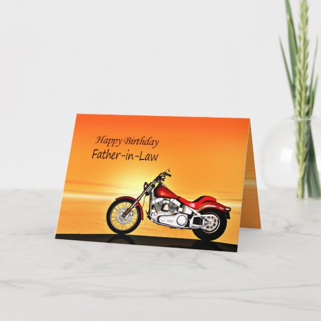For Father-in-Law, Motorcycle sunset birthday Card (Front)