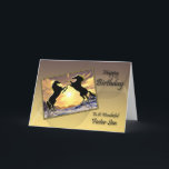 For foster son, Birthday card with rearing horses<br><div class="desc">Two black stallions rearing at each other with a glorious sunset in the background. A great card for a horse lover.</div>