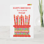 For Friend Custom Age Birthday Cake Card<br><div class="desc">You can add the age to this brightly coloured birthday card for your friend, with a strawberry birthday cake. The cake has lots of candles with different patterns and there is a patterned band around the cake with colourful summer fruits - strawberries, raspberries, limes and orange slices. Above the cake,...</div>