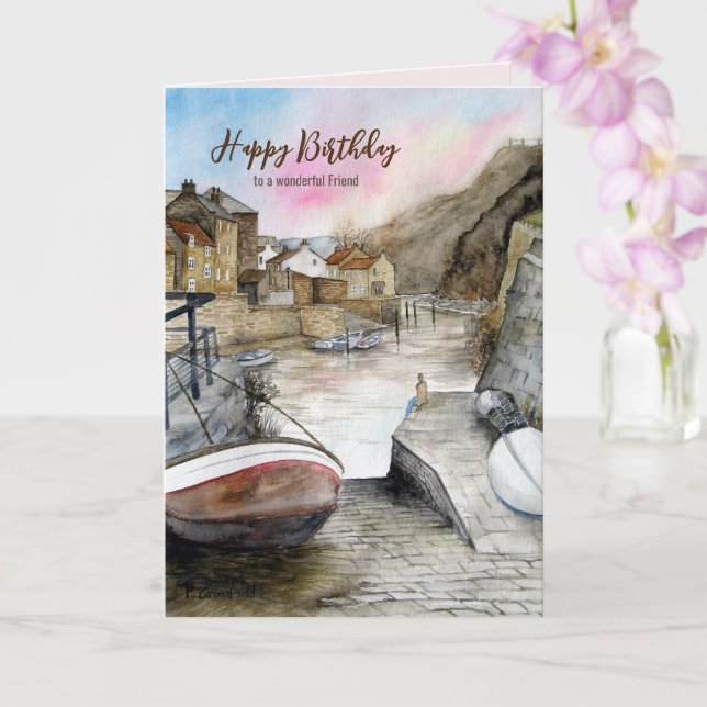 For Friend on Birthday Staithes England Watercolor Card (Orchid)