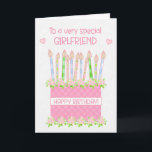 For Girlfriend Birthday Cake Hearts and Roses Card<br><div class="desc">A very pretty birthday card for your girlfriend with a pink birthday cake with lots of patterned candles. The cake is pink, with a polka dot pattern and decorated with clusters of pink, Albertine roses, painted by hand in watercolour. 'Happy Birthday!' is written in matching pink on a white band...</div>