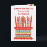 For Girlfriend Custom Age Birthday Cake Card<br><div class="desc">You can add the age to this brightly coloured birthday card for your girlfriend, with a strawberry birthday cake. The cake has lots of candles with different patterns and there is a patterned band around the cake with colourful summer fruits - strawberries, raspberries, limes and orange slices. Above the cake,...</div>