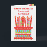 For Girlfriend Custom Age Birthday Cake Card<br><div class="desc">You can add the age to this brightly coloured birthday card for your girlfriend, with a strawberry birthday cake. The cake has lots of candles with different patterns and there is a patterned band around the cake with colourful summer fruits - strawberries, raspberries, limes and orange slices. Above the cake,...</div>