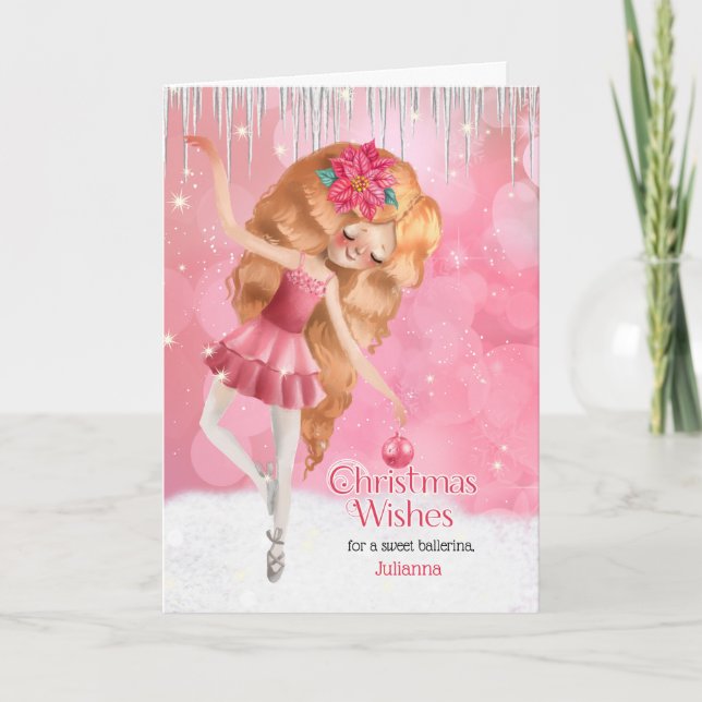 for Girls a Pink Ballerina Christmas Holiday Card (Front)