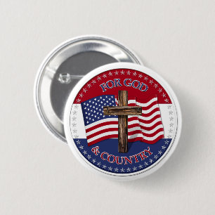 For God And Country - Cross with 50 stars US Flag 6 Cm Round Badge