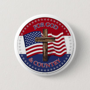 For God And Country - Cross with 50 stars US Flag 6 Cm Round Badge