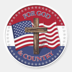 For God And Country - Cross with 50 stars US Flag Classic Round Sticker