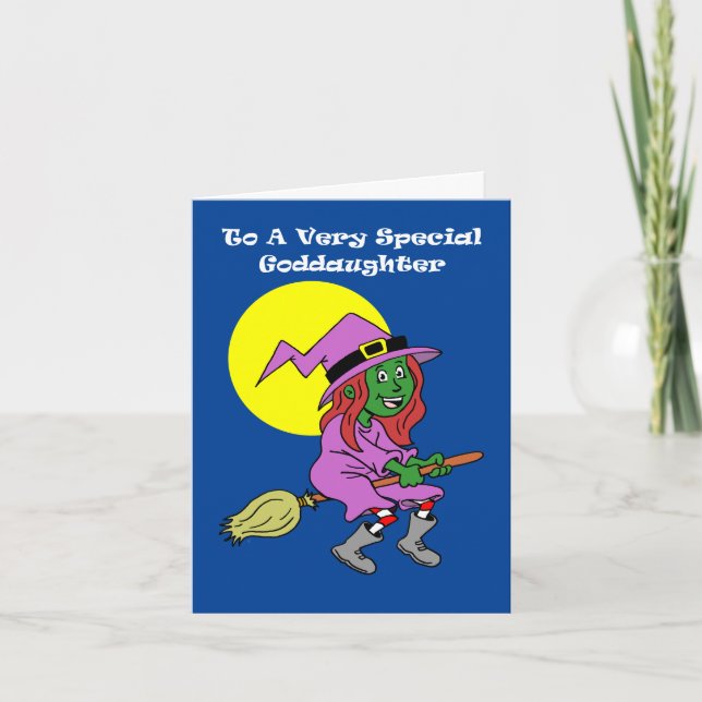 For Goddaughter Cute Cartoon Witch Halloween Holiday Card (Front)