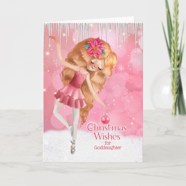 for Goddaughter Pink Ballerina Christmas Holiday Card (Front)