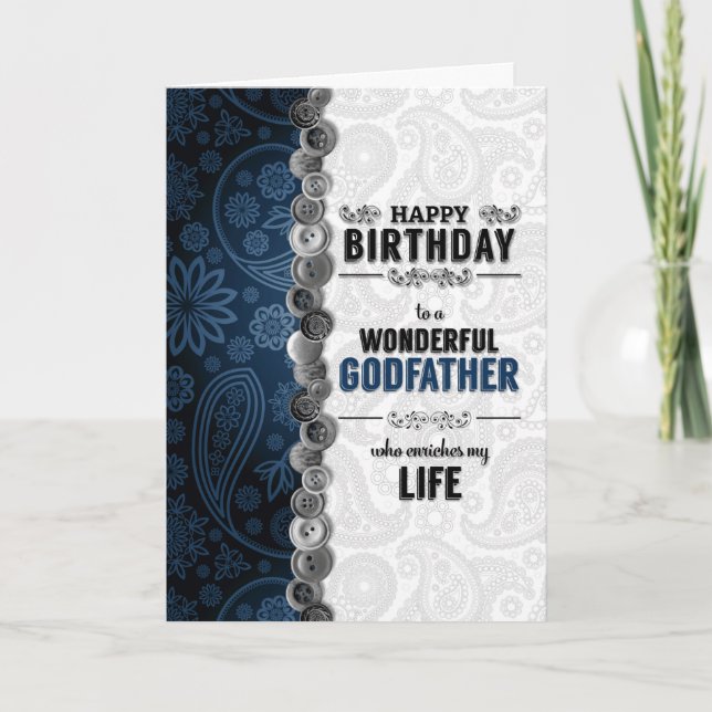 for Godfather Birthday Blue Paisley with Buttons Card (Front)