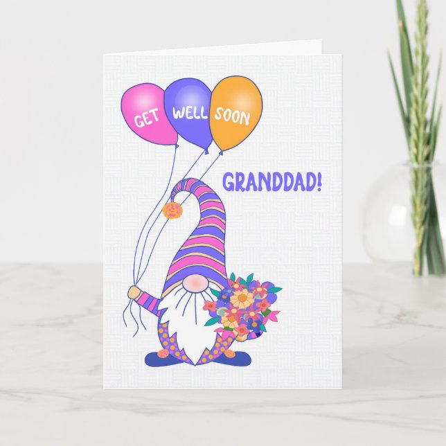 For Granddad Get Well Gnome Balloons Flowers Card (Front)