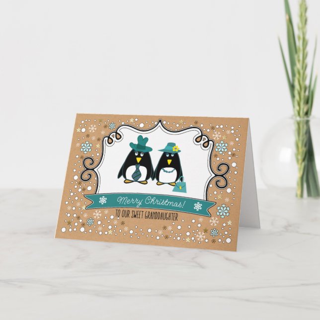For Granddaughter at Christmas. Fun Penguin Couple Holiday Card (Front)