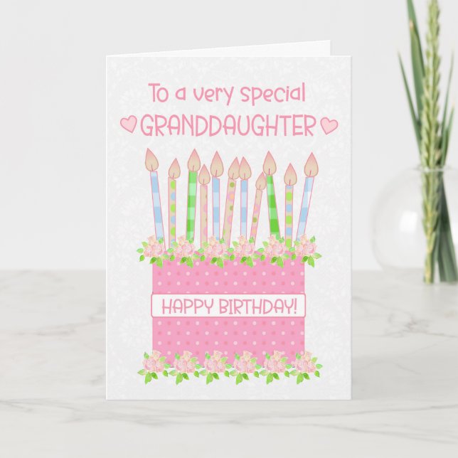 For Granddaughter Birthday Cake Heart Roses Card (Front)
