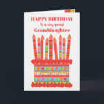 For Granddaughter Custom Age Birthday Cake Card<br><div class="desc">You can add the age to this brightly coloured birthday card for your granddaughter, with a strawberry birthday cake. The cake has lots of candles with different patterns and there is a patterned band around the cake with colourful summer fruits - strawberries, raspberries, limes and orange slices. Above the cake,...</div>