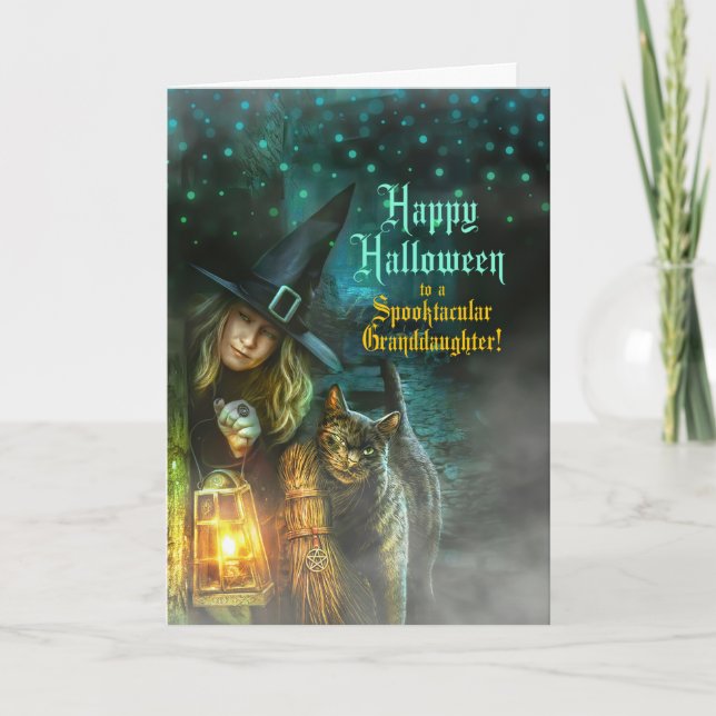 for Granddaughter Witch and Cat Halloween Holiday Card (Front)