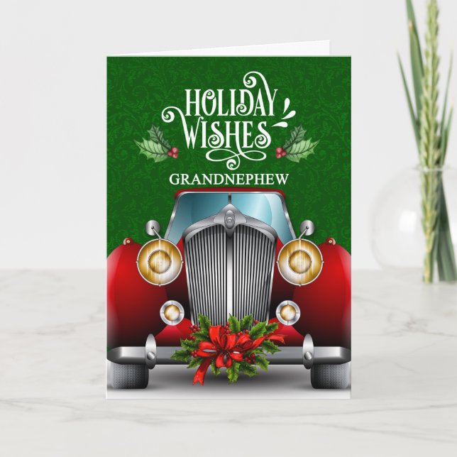for Grandnephews Red Classic Car Christmas Holiday Card (Front)