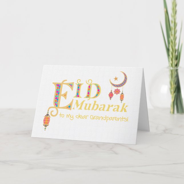 For Grandparents Eid  Mubarak Lanterns Moon Stars Card (Front)