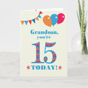 For Grandson 15th Birthday Bunting Balloons Card