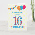 For Grandson 16th Birthday Bunting Balloons Card<br><div class="desc">A colourful birthday card for a 16-year-old grandson, The large number 16 is filled with an orange, red and blue pattern, outlined in bright blue. There are balloons and bunting at the top, in matching colours and the front cover greeting is, 'Grandson, you're 16 today!' in bright red and blue...</div>