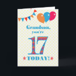 For Grandson 17th Birthday Bunting Balloons Card<br><div class="desc">A colourful birthday card for a 17-year-old grandson, The large number 17 is filled with an orange, red and blue pattern, outlined in bright blue. There are balloons and bunting at the top, in matching colours and the front cover greeting is, 'Grandson, you're 17 today!' in bright red and blue...</div>