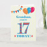 For Grandson 17th Birthday Bunting Balloons Card<br><div class="desc">A colourful birthday card for a 17-year-old grandson, The large number 17 is filled with an orange, red and blue pattern, outlined in bright blue. There are balloons and bunting at the top, in matching colours and the front cover greeting is, 'Grandson, you're 17 today!' in bright red and blue...</div>