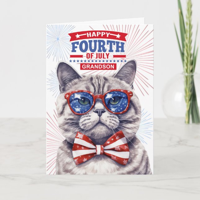 for Grandson 4th of July Cute Patriotic Cat Holiday Card (Front)
