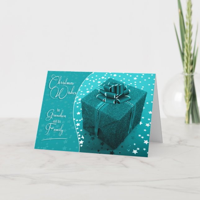 for Grandson and Family Turquoise Blue Christmas Holiday Card (Front)