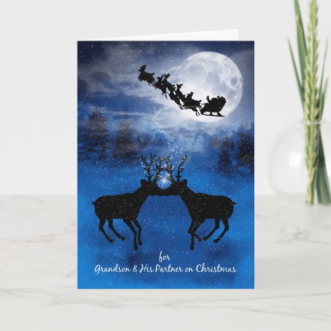 for Grandson and his Partner Kissing Reindeer Holiday Card (Front)