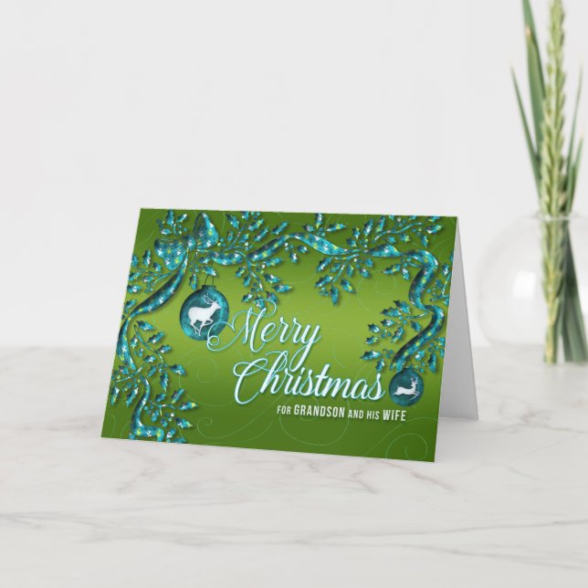 for Grandson and Wife Green Turquoise Christmas Holiday Card (Front)