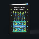 For Grandson Birthday Cake with Candles Card<br><div class="desc">A bright birthday card for your grandson, with lots of patterned candles on a birthday cake. At the top of the front cover, the words, 'To a very special GRANDSON' are in a white lettering on the black background. There is a blue band around the cake with 'HAPPY BIRTHDAY!' also...</div>