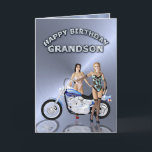 For Grandson, birthday with girls and a motorcycle Card<br><div class="desc">Two lovely ladies standing beside a motorbike. A great card for the man who likes to ride!</div>