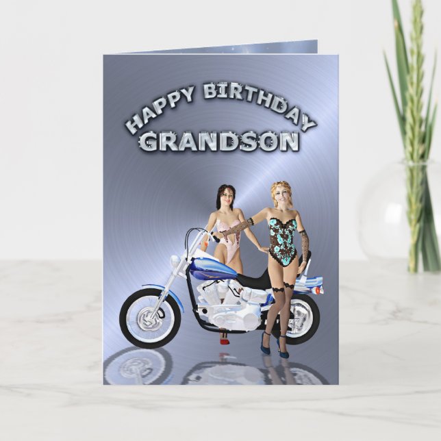 For Grandson, birthday with girls and a motorcycle Card (Front)
